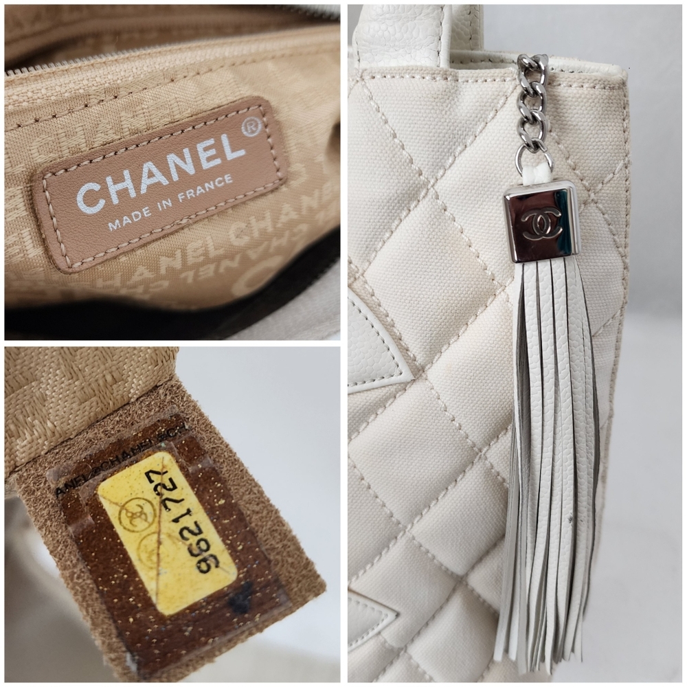 Auth Chanel CC Caviar Quilted Tassel Canvas Totes Bag - Picture 5 of 11